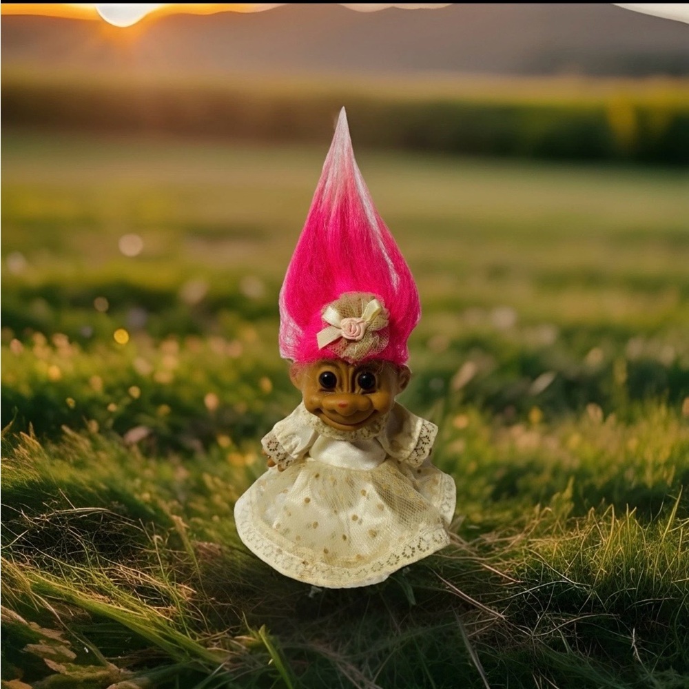 Russ Vintage Troll Doll Pink Hair Lace Dress